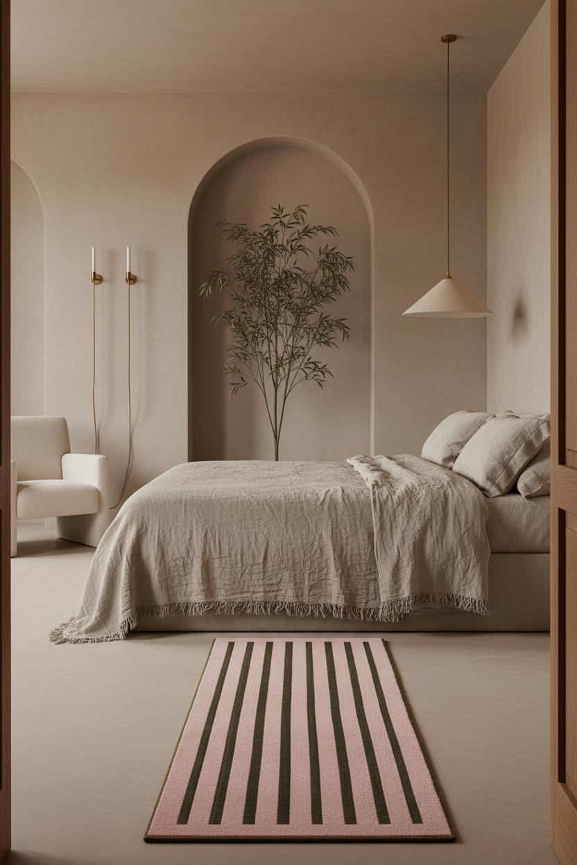 A minimalist bedroom interior with a bed dressed in light neutral bedding, a pink and dark striped runner rug in the foreground, a tall potted plant in an arched alcove, and a hanging pendant light.