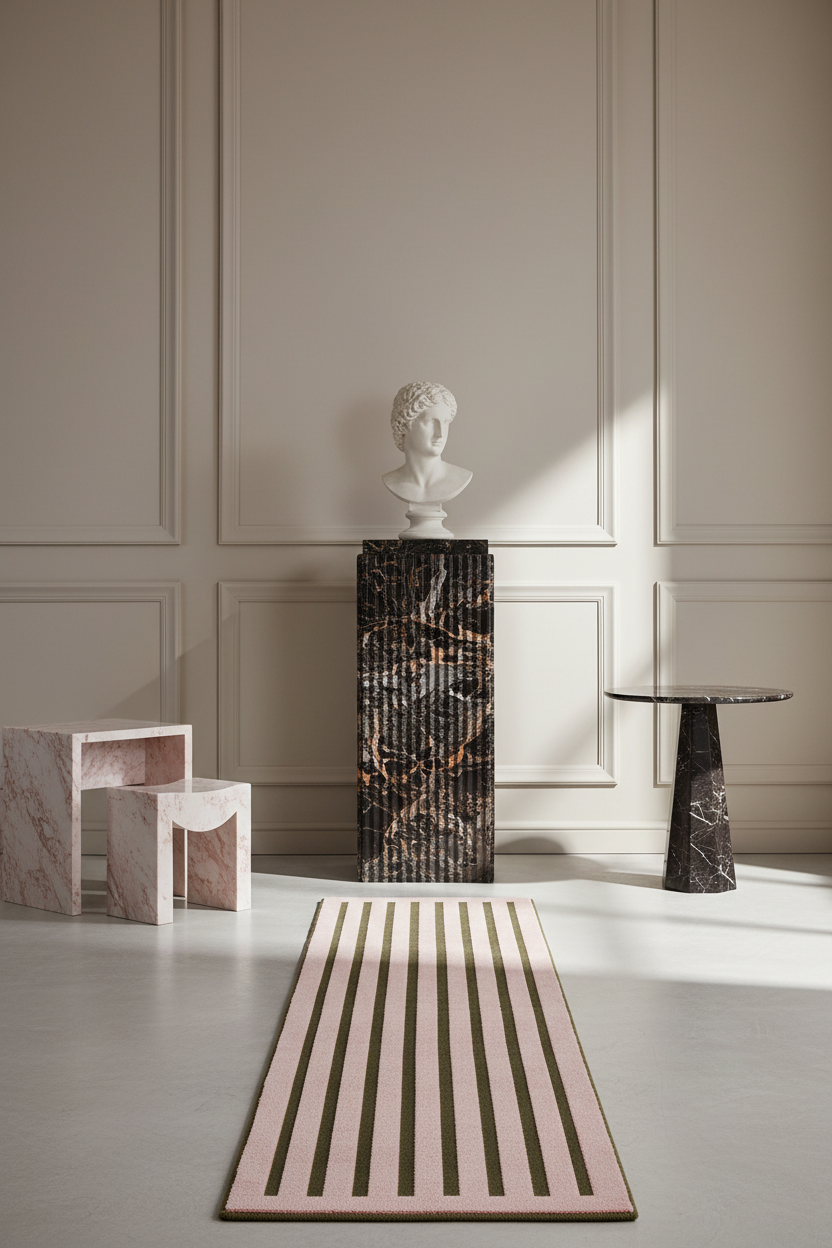 A long rectangular runner rug with alternating dark brown and light pink stripes is displayed in a styled interior room with cream paneled walls, marble side tables, and a white bust sculpture on a dark marble pedestal.