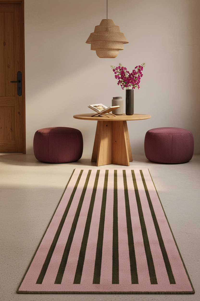 A rectangular area rug with alternating wide pink and dark olive green stripes, styled in a modern minimalist living room with a wooden side table, two burgundy poufs, and a hanging woven pendant light.