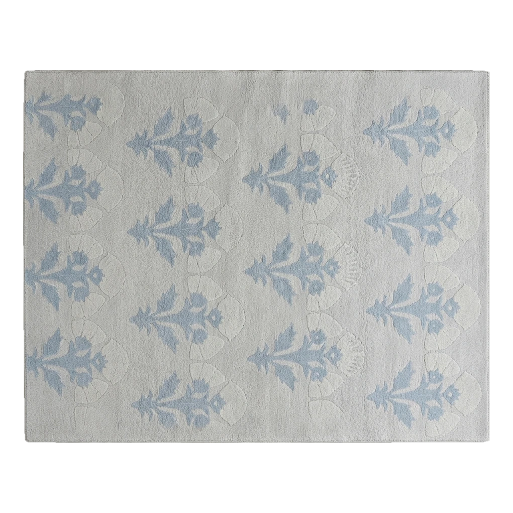 Pale Blue Hand-Tufted Rug with Cornflower Floral Sprig Rows - alternate view