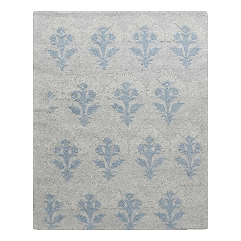 Pale Blue Hand-Tufted Rug with Cornflower Floral Sprig Rows