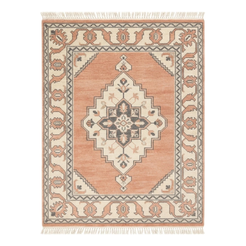 Peach Medallion Hand-Knotted Rug with Ivory Tribal Border - alternate view