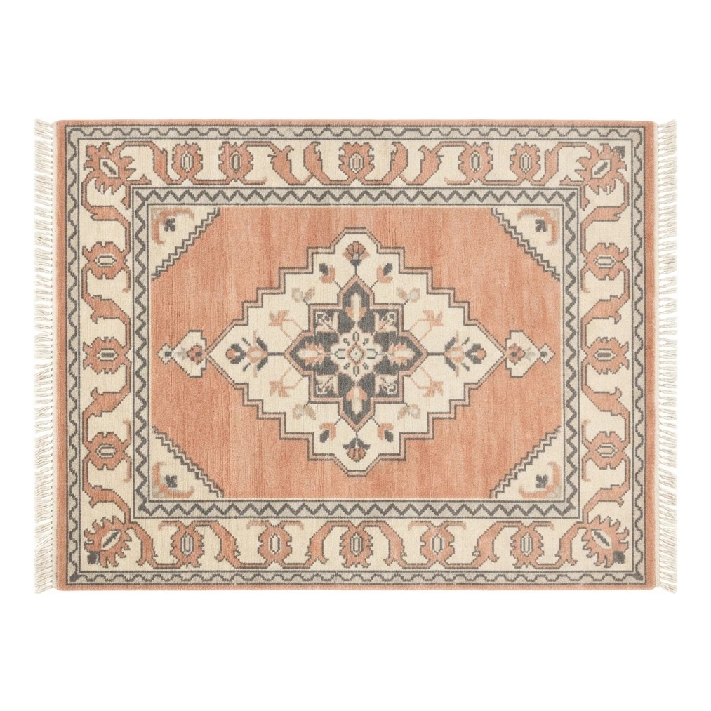 Peach Medallion Hand-Knotted Rug with Ivory Tribal Border