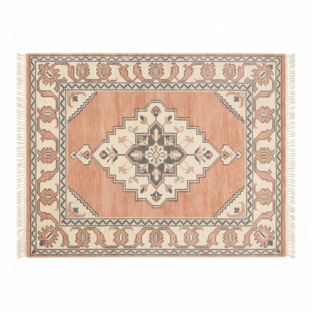 Peach Medallion Hand-Knotted Rug with Ivory Tribal Border - studio photo