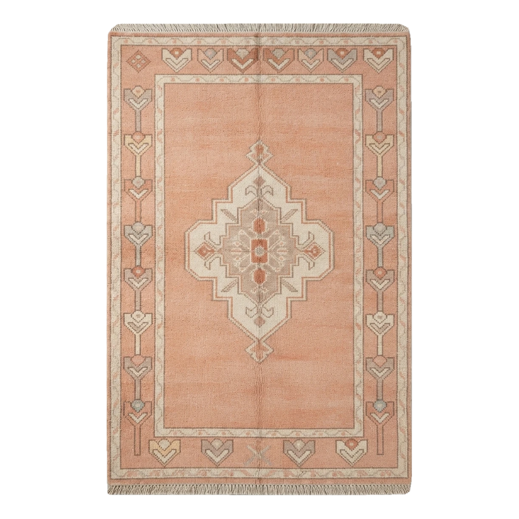 Peach Medallion Hand-Knotted Rug with Ivory Tulip Border