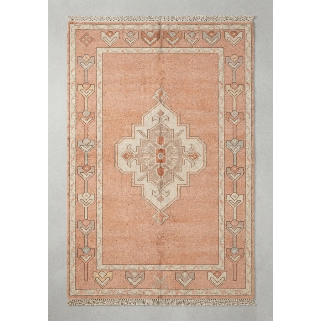Peach Medallion Hand-Knotted Rug with Ivory Tulip Border - studio photo