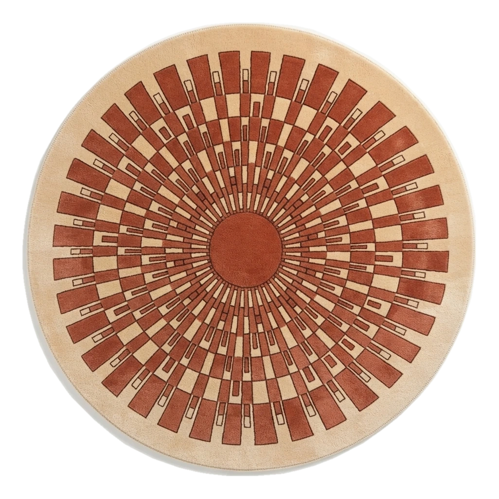 Peach Round Hand-Tufted Rug with Rust Art Deco Sunburst - alternate view