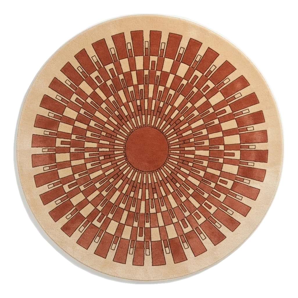 Peach Round Hand-Tufted Rug with Rust Art Deco Sunburst - alternate view