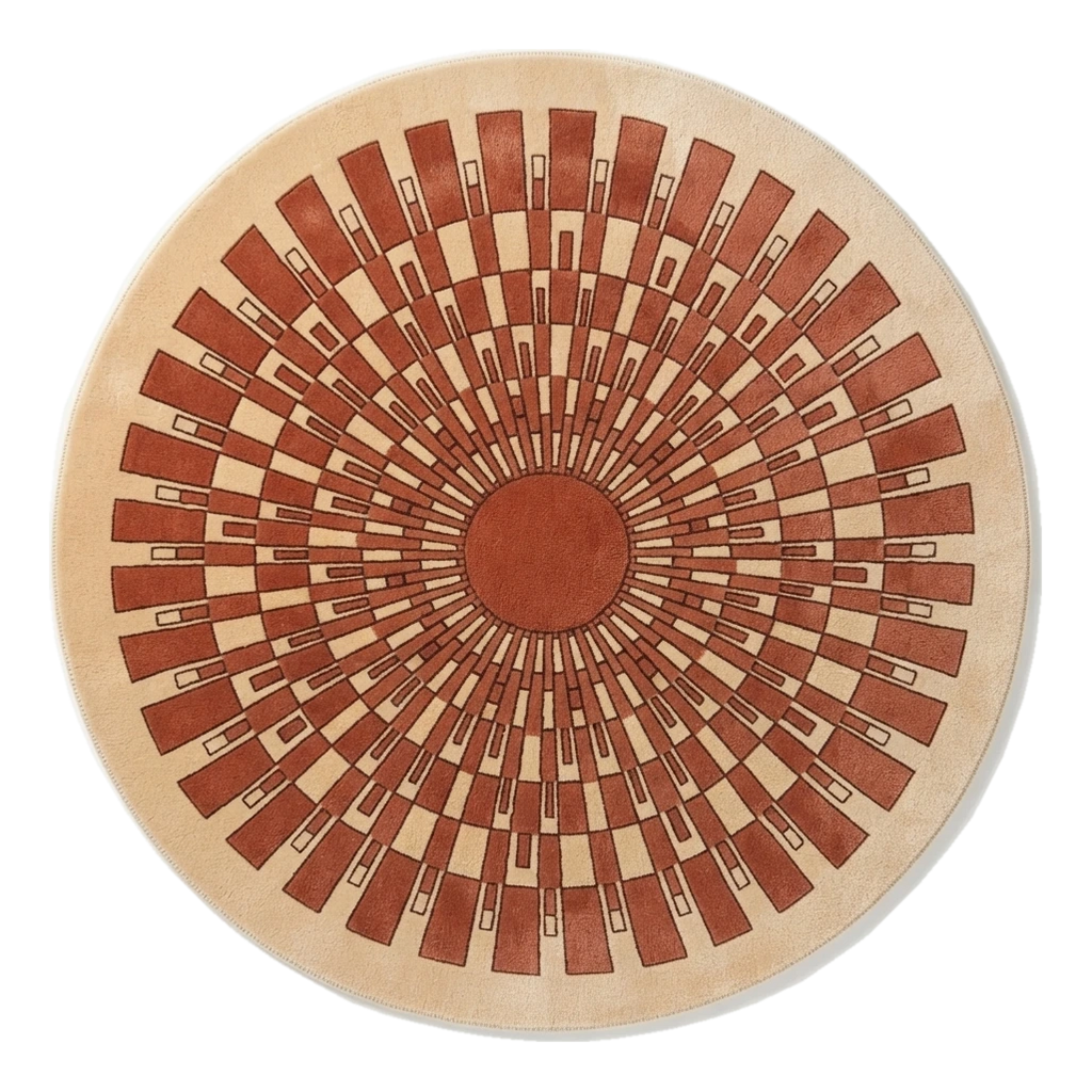 Peach Round Hand-Tufted Rug with Rust Art Deco Sunburst