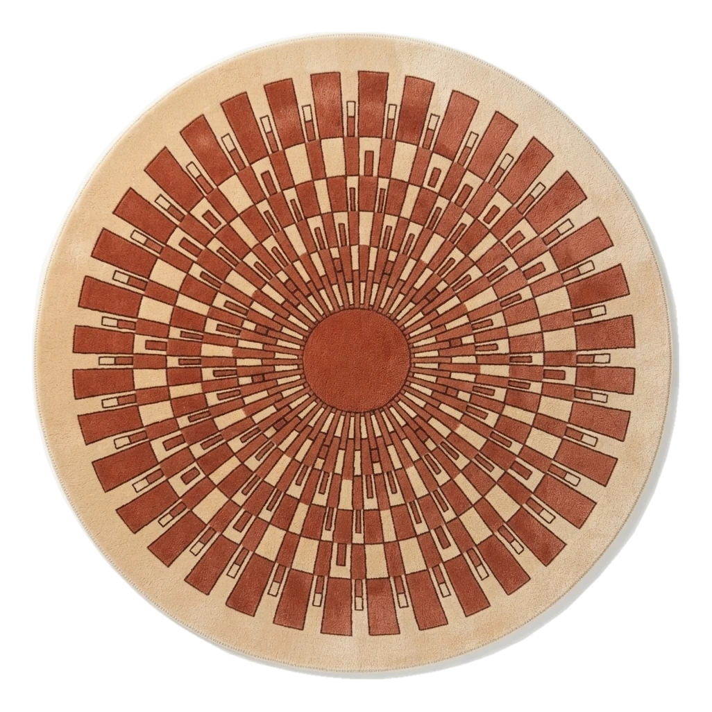 Peach Round Hand-Tufted Rug with Rust Art Deco Sunburst