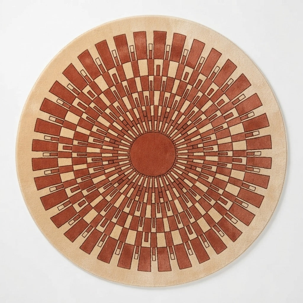 Peach Round Hand-Tufted Rug with Rust Art Deco Sunburst - studio photo