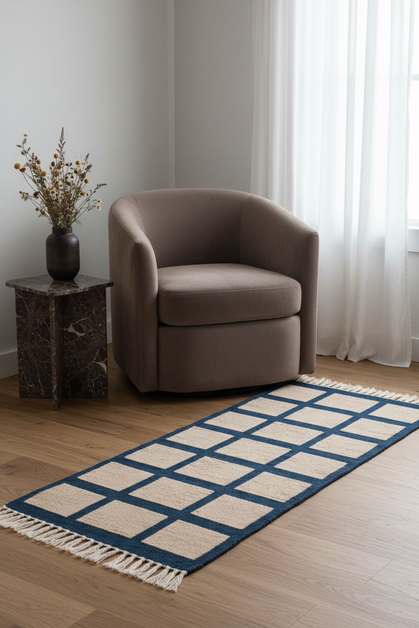 A modern round upholstered armchair in taupe sits beside a dark marble side table with a vase of dried branches, set on a light wood floor next to a blue and beige patterned runner rug with white fringe.