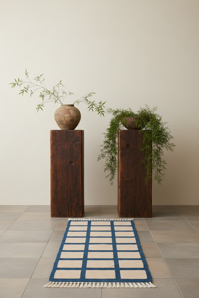 A rectangular woven rug with a blue border and cream grid pattern lies on a light gray tiled floor in front of a beige wall. Two dark wooden pedestals stand against the wall, one holding a ceramic vase with a thin leafy branch and the other holding a small bowl with trailing greenery.