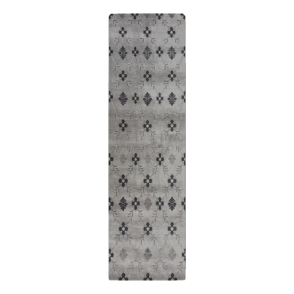 Pewter Grey Floral Sprig Hand-Tufted Runner with Charcoal Motifs