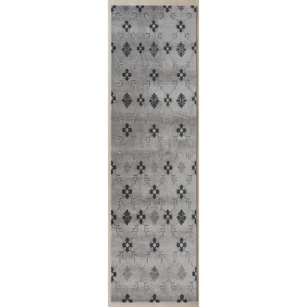 Pewter Grey Floral Sprig Hand-Tufted Runner with Charcoal Motifs - studio photo
