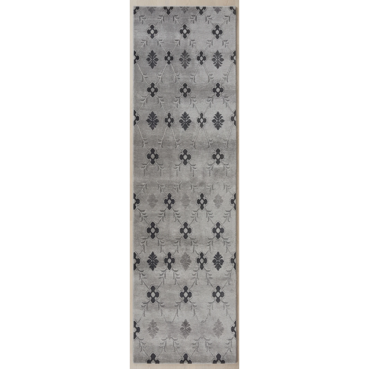 Pewter Grey Floral Sprig Hand-Tufted Runner with Charcoal Motifs - studio photo