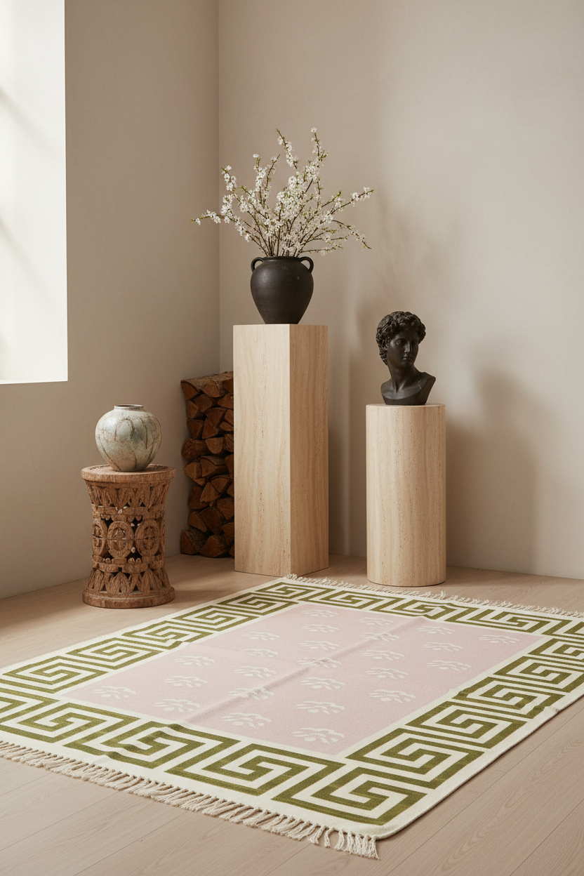 A pale blush pink area rug with an olive green Greek key border and fringe, styled in a warm neutral room on a light wood floor with decorative pedestals and vases.