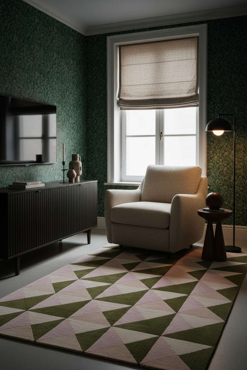 A styled living room corner featuring a cream upholstered armchair, a dark wood sideboard with a TV, a patterned green and blush geometric area rug, a floor lamp, and dark green patterned wallpaper.