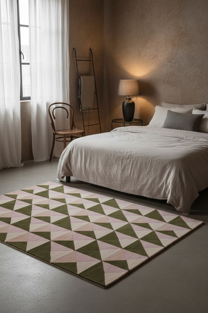 A geometric area rug with a triangle pattern in olive green, dusty pink, and cream, styled on the floor in a rustic, warm-toned bedroom next to a bed with neutral bedding.