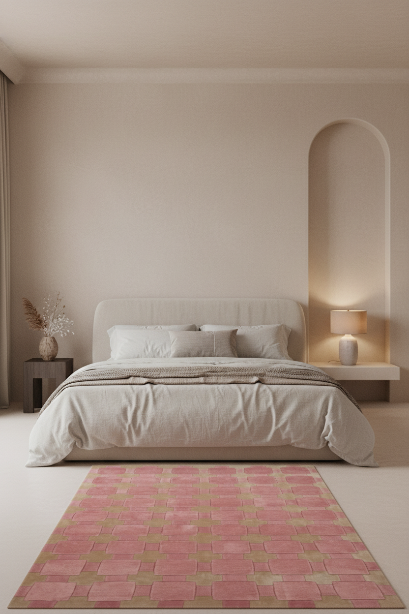 A styled bedroom interior with a bed dressed in light neutral bedding, a pink and beige patterned area rug in the foreground, and a softly lit wall sconce beside an arched alcove.