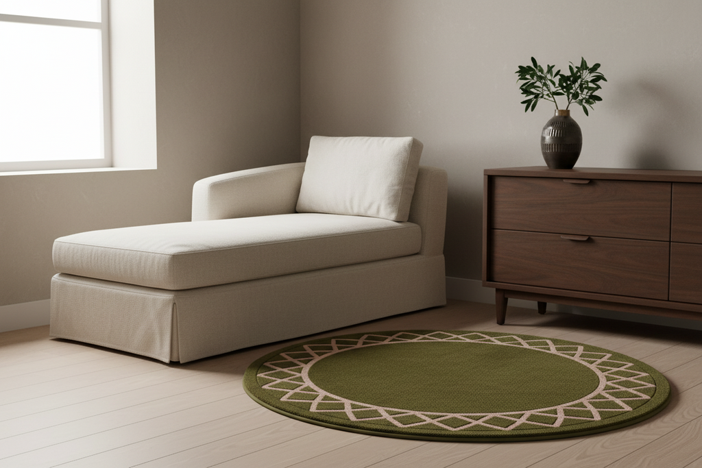 A cream-colored fabric chaise lounge chair positioned next to a mid-century modern wooden dresser in a minimalist room, with a green round area rug on the light wood floor.