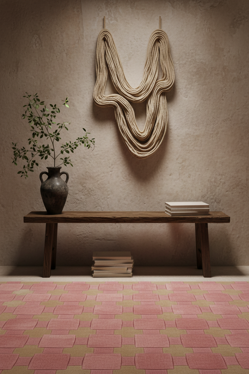 A styled interior scene with a long wooden bench against a textured beige wall, a sculptural beige rope wall hanging above it, a dark vase with a leafy branch on the left, stacked books on and under the bench, and a pink-and-beige patterned rug in the foreground.