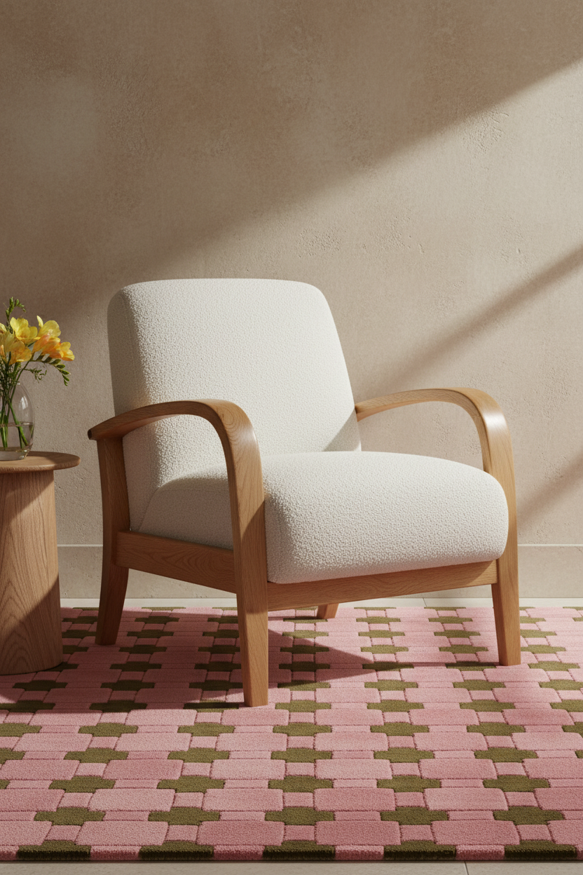 A mid-century modern armchair with a textured off-white bouclé seat and back and a curved light wood frame, positioned on a pink and olive geometric patterned rug next to a wooden side table with yellow flowers.