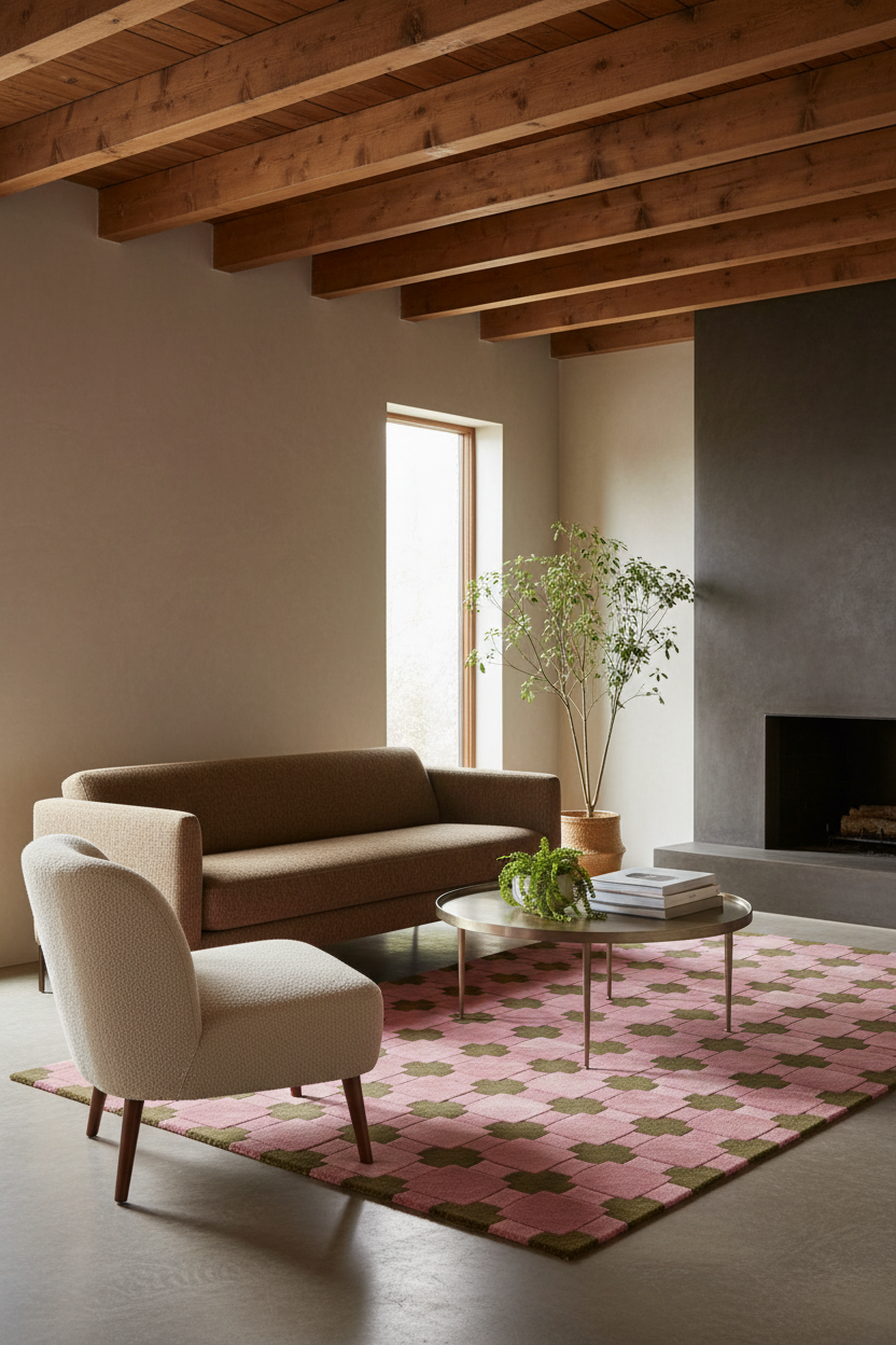 A styled living room interior featuring a brown upholstered sofa, a cream armchair, a round coffee table, a pink and olive green patterned rug, a potted plant, and exposed wooden ceiling beams.