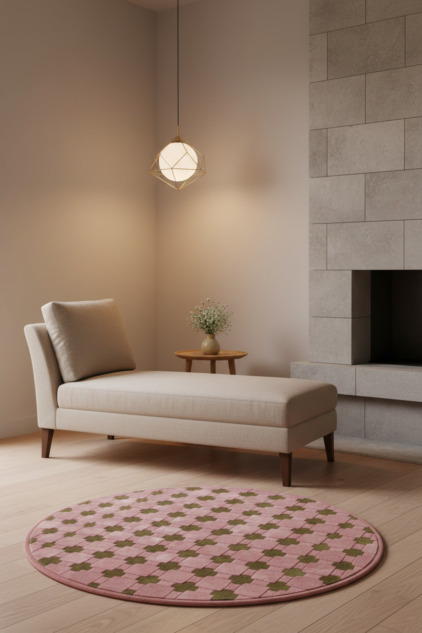 A pink round area rug with a repeating olive-green geometric pattern is styled in a modern living room setting with a beige chaise lounge, a small wooden side table with a vase, and a stone fireplace.