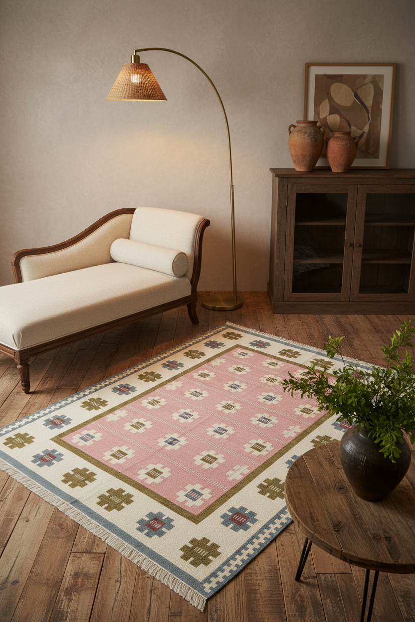 A rectangular area rug with a pink center field and geometric borders in beige, blue, and olive green, styled in a warm, rustic living room next to a cream chaise lounge and a wooden floor lamp.