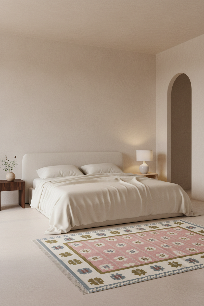 A styled bedroom scene with a bed dressed in cream bedding, a pink patterned area rug on the floor, a small wooden side table with a vase, and a lit bedside lamp in a softly lit neutral interior.
