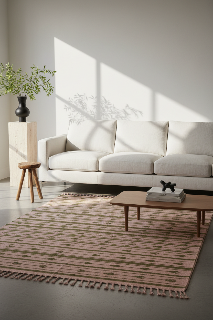 A pink and beige striped woven area rug with fringe, styled in a modern living room setting with a white sofa, wooden coffee table, and a potted plant.