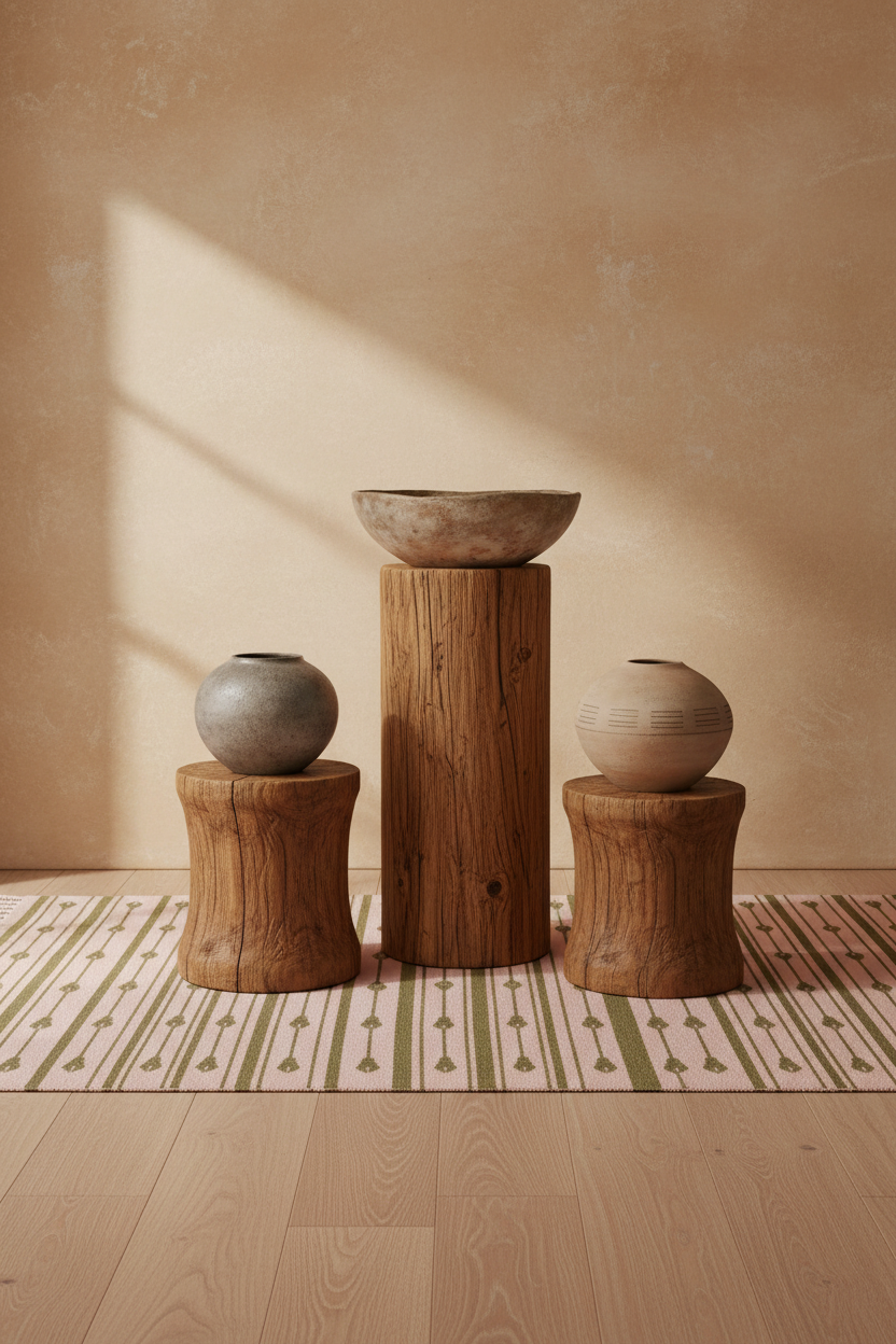 Three rustic ceramic vases in earthy tones displayed on wooden pedestals against a warm beige wall with soft window shadows.