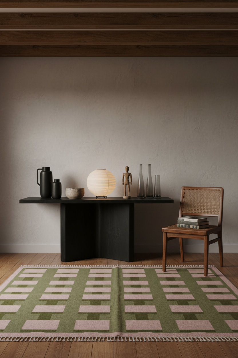 A styled interior scene showing a rectangular area rug with a green, pink, and beige geometric block pattern on a wooden floor. A black console table, a wooden chair, and a glowing spherical table lamp are arranged against a textured beige wall.