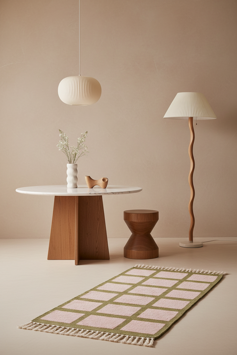 A styled interior scene with a round white marble-top table, a sculptural wooden side stool, a floor lamp, a hanging pendant light, and a rectangular fringed rug in beige, olive green, and pale pink tones. No people or animals are present.