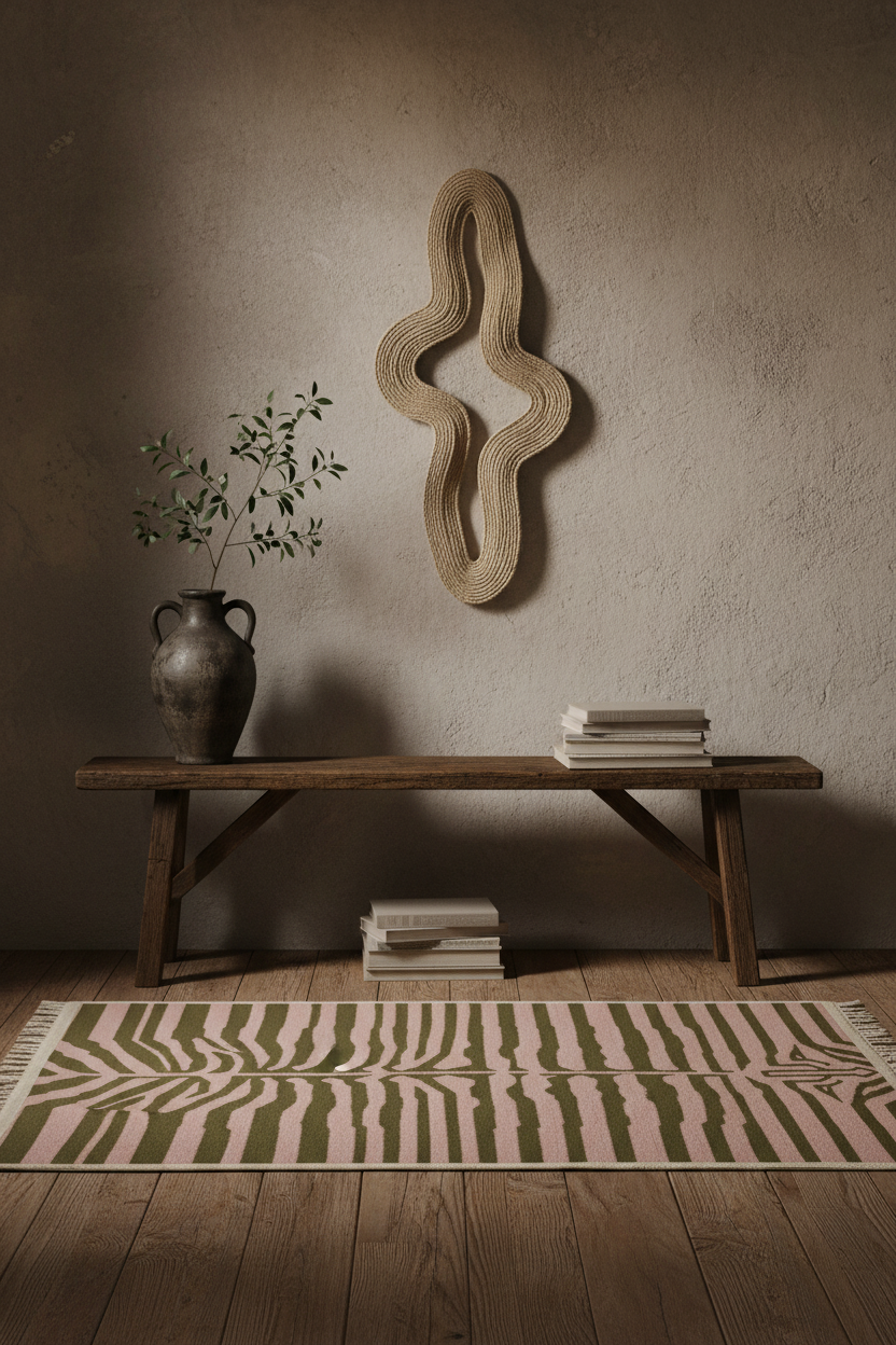 A styled interior scene with a rustic wooden bench against a textured beige wall, a sculptural wavy wall mirror above, a dark vase with greenery on the left, stacked books on and under the bench, and a patterned rug in front.