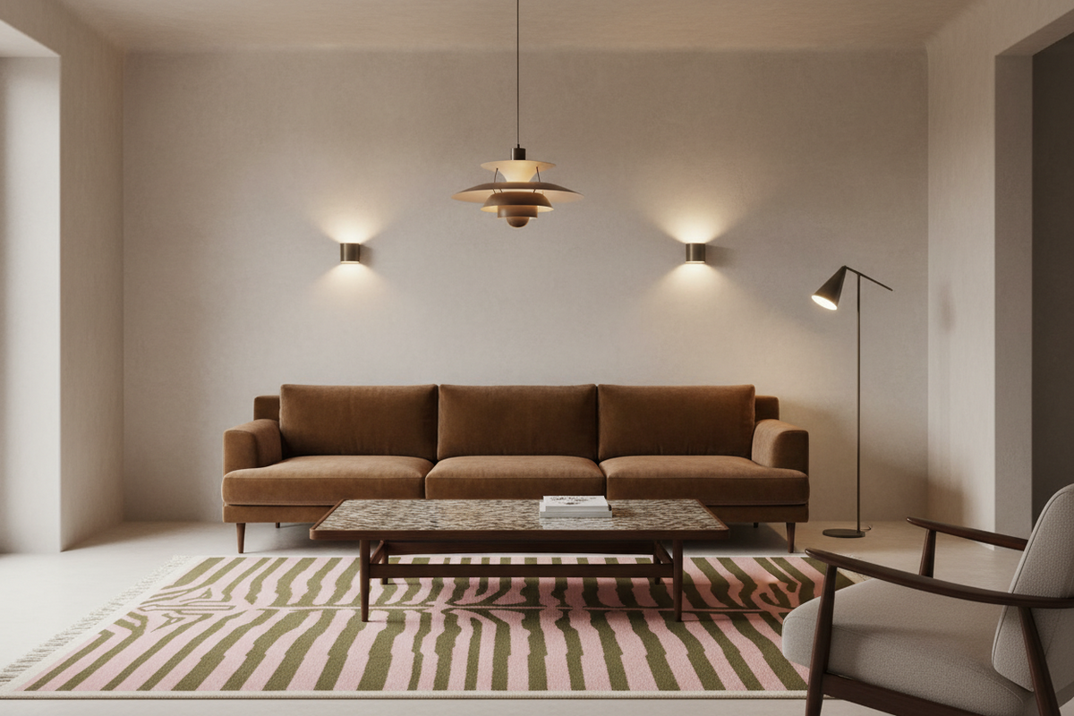 A modern living room featuring a brown fabric sofa, a patterned pink, green, and beige rug, a marble-top coffee table, and a hanging pendant light against a beige wall.