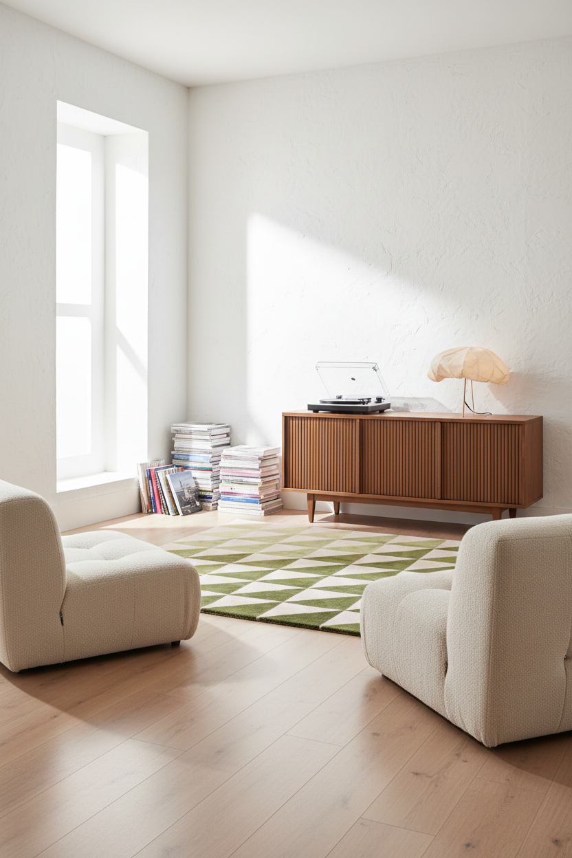 A bright, modern living room with two cream boucle armchairs, a mid-century wooden credenza, a green and white geometric rug, and light wood floors.