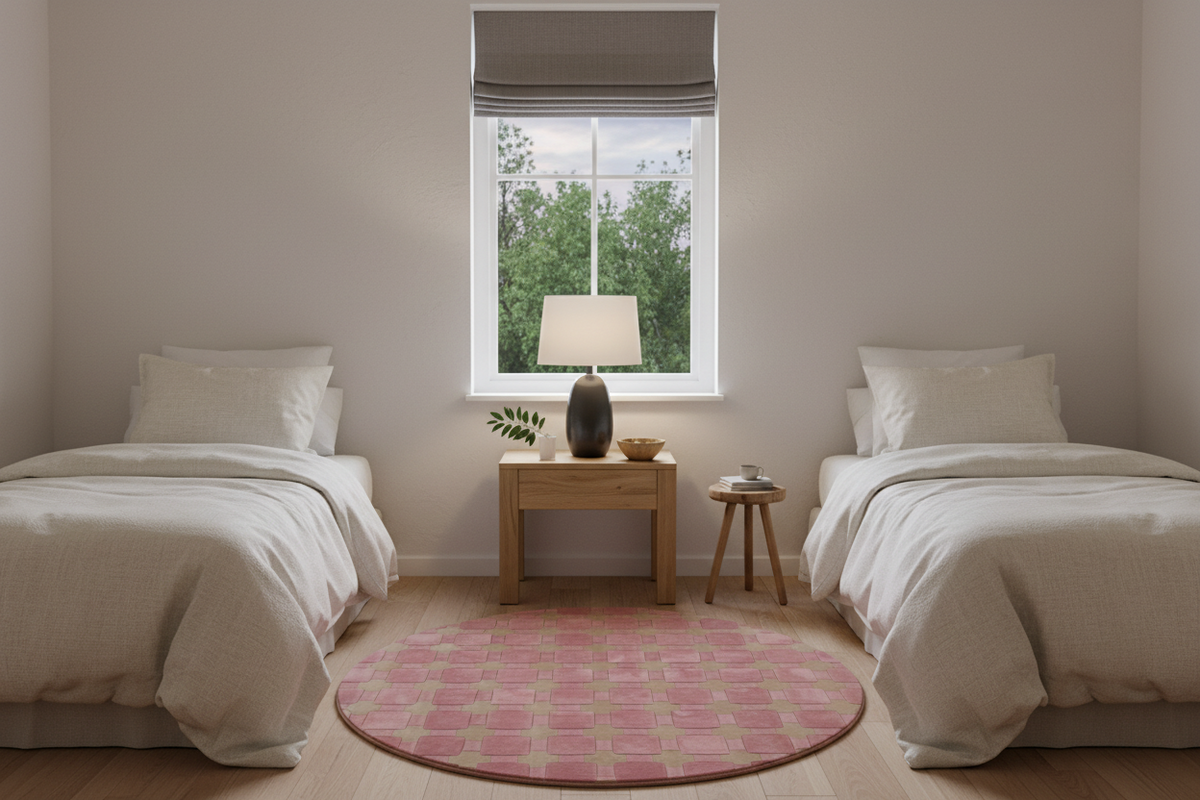 A twin bedroom with two neatly made beds, a small wooden nightstand with a lamp, and a round pink rug on a light wood floor in front of a window.