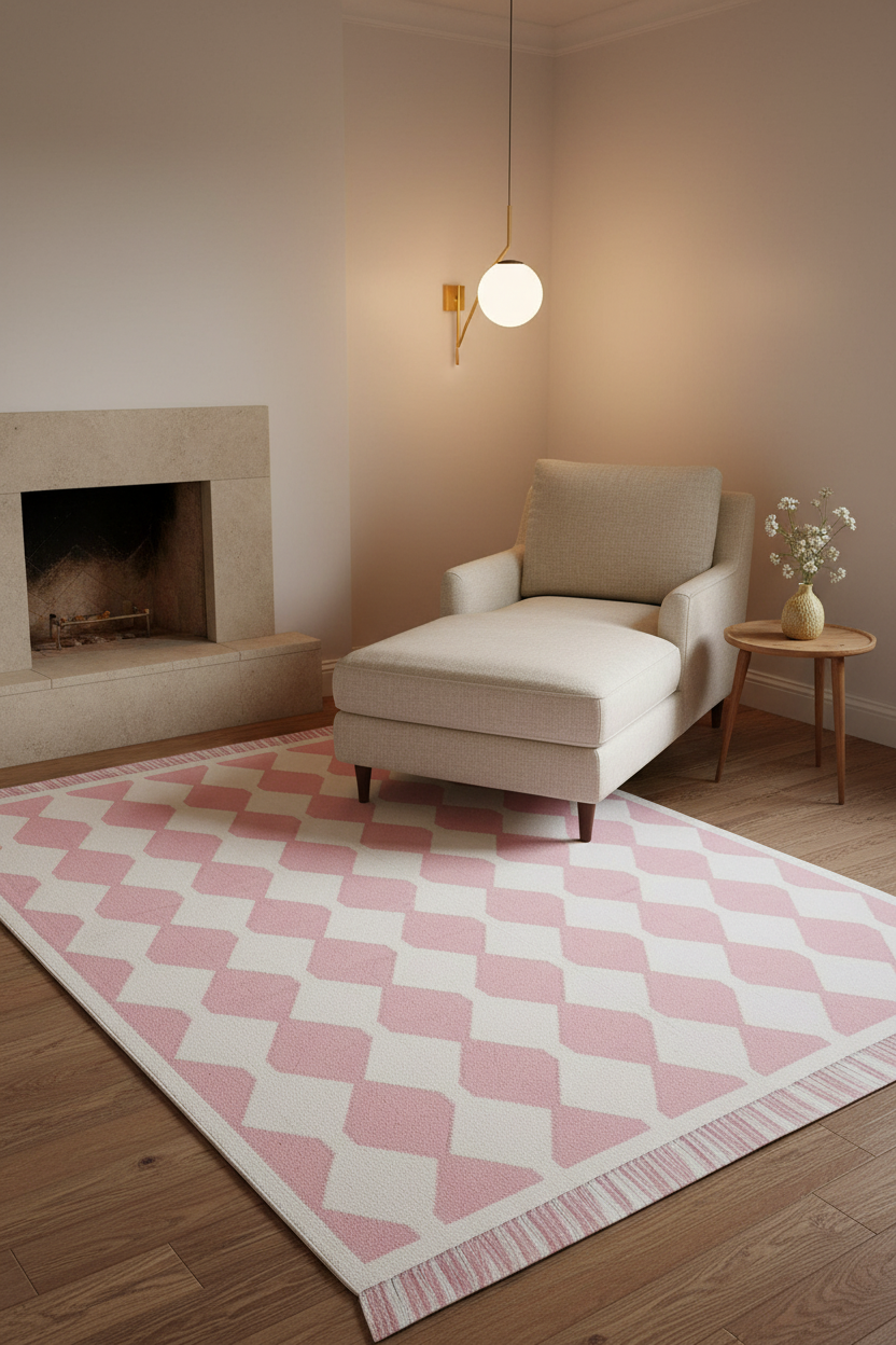 A pink and white geometric patterned area rug with fringe, styled in a warm, modern living room next to a beige armchair and a fireplace.