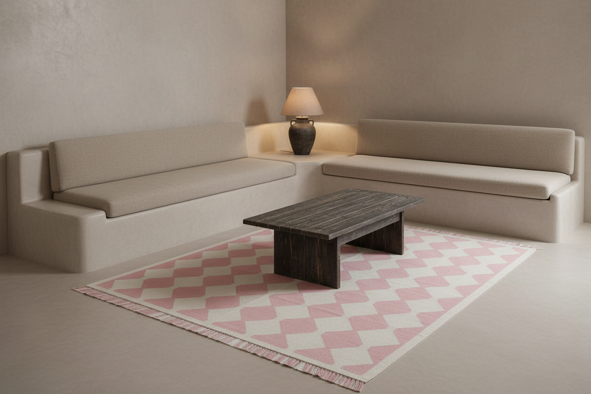 A modern living room setup featuring two beige upholstered built-in benches, a dark rustic wooden coffee table, and a pink and white diamond-patterned rug on a light beige floor.