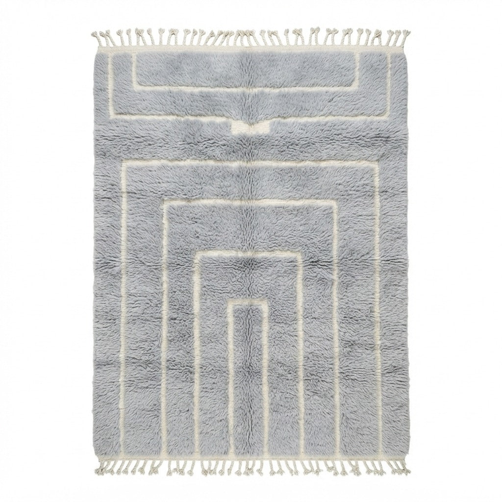 Powder Blue Arch Moroccan Shag Rug with Ivory Lines - studio photo