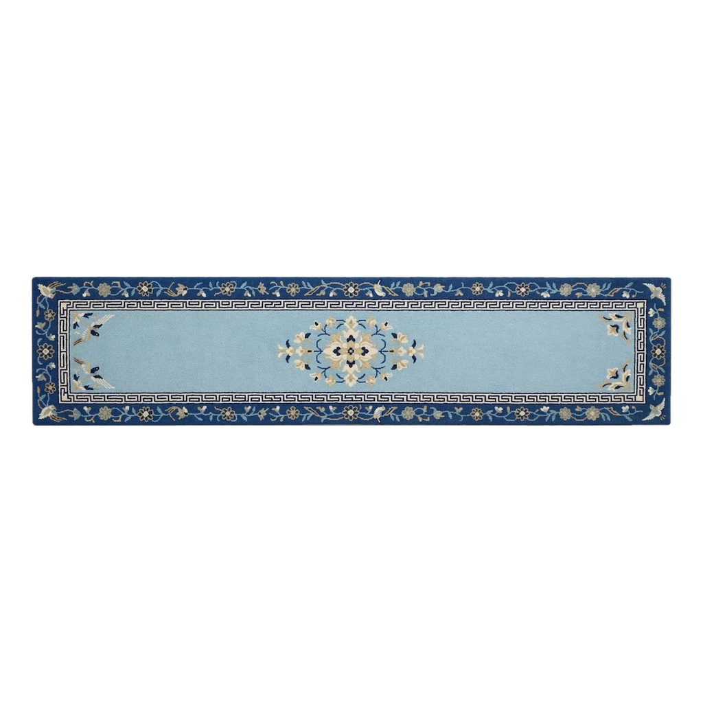 Powder Blue Chinese Art Deco Hand-Tufted Runner with Navy Floral Border - alternate view