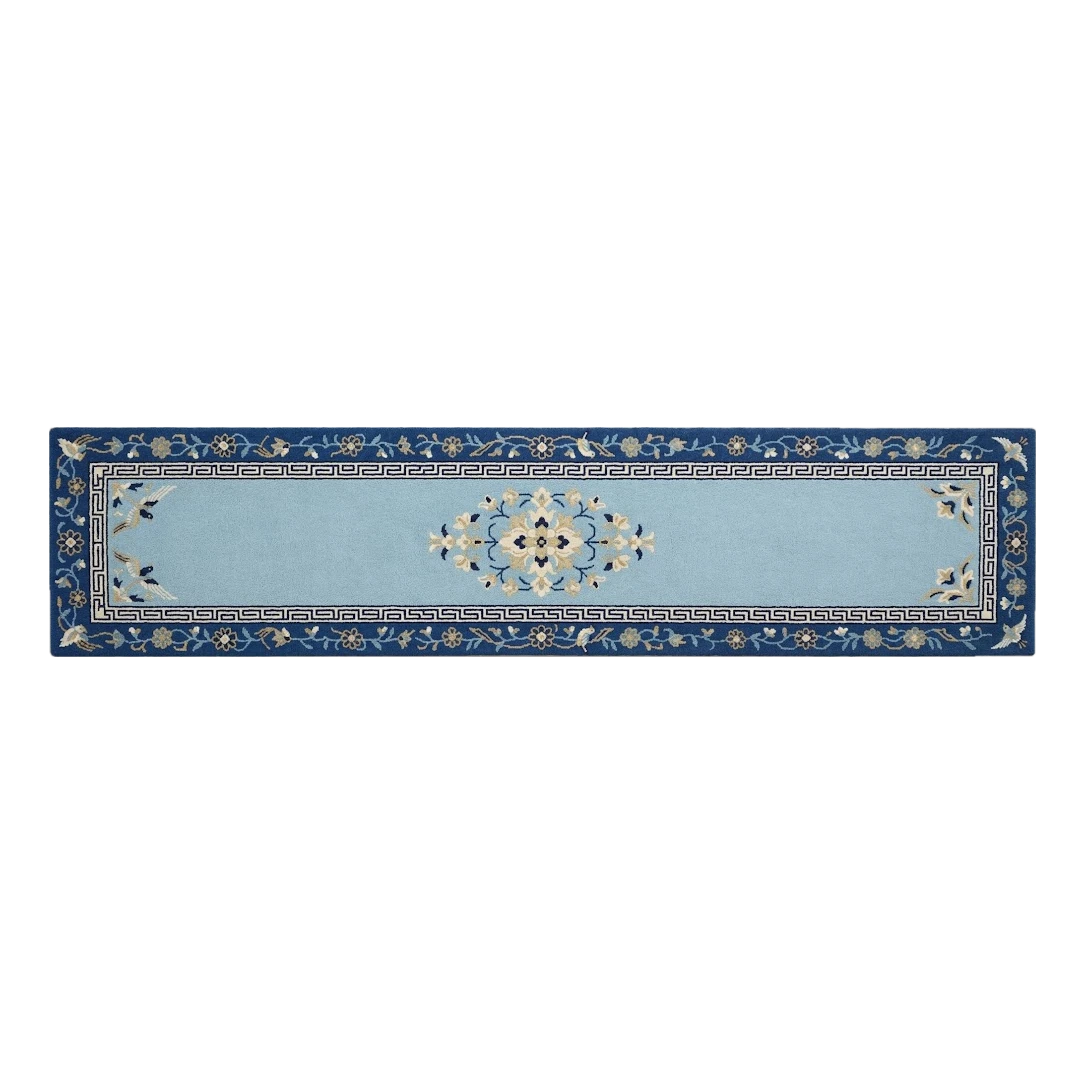 Powder Blue Chinese Art Deco Hand-Tufted Runner with Navy Floral Border - alternate view