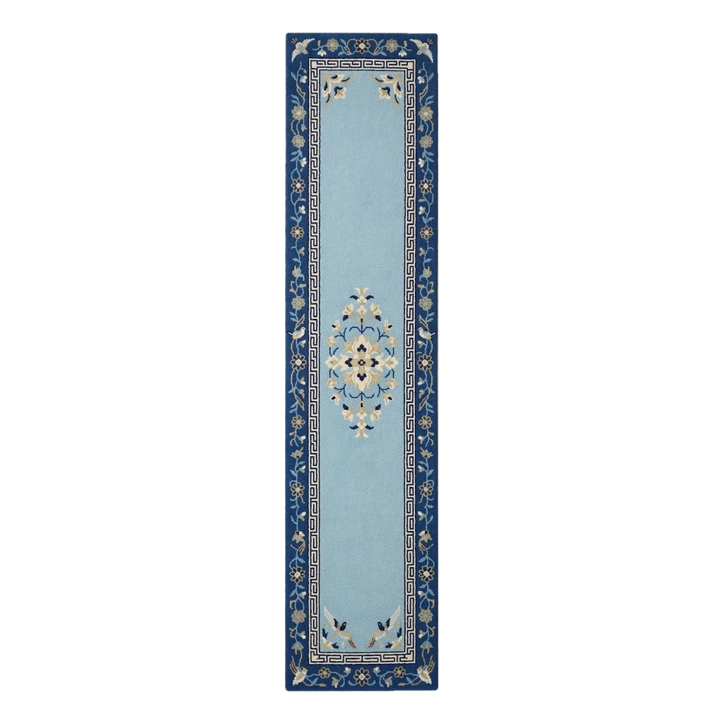 Powder Blue Chinese Art Deco Hand-Tufted Runner with Navy Floral Border