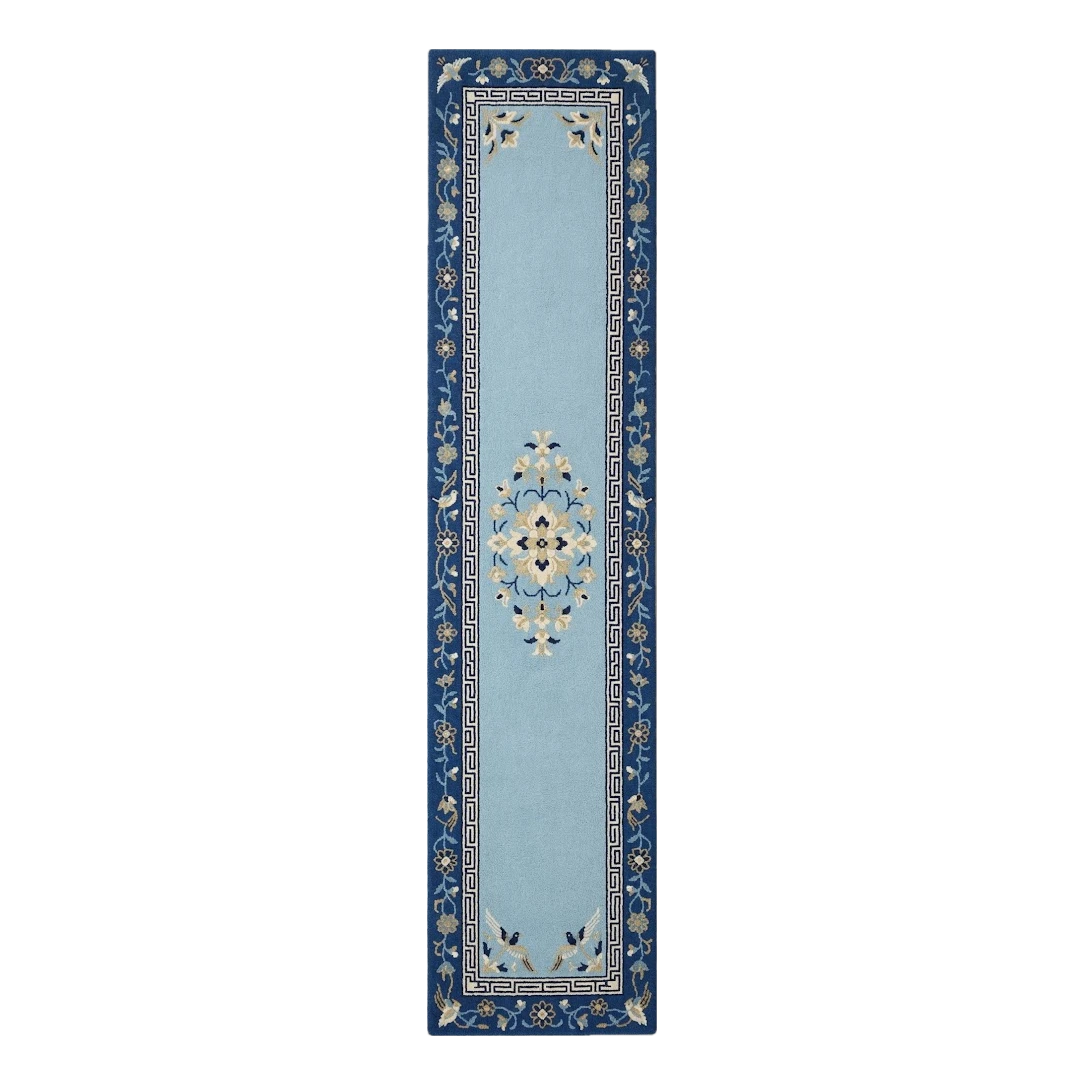 Powder Blue Chinese Art Deco Hand-Tufted Runner with Navy Floral Border