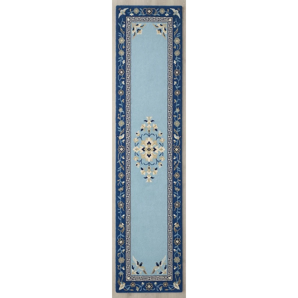 Powder Blue Chinese Art Deco Hand-Tufted Runner with Navy Floral Border - studio photo