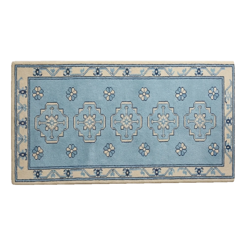 Powder Blue Chinese Medallion Hand-Tufted Runner with Cream Border - alternate view