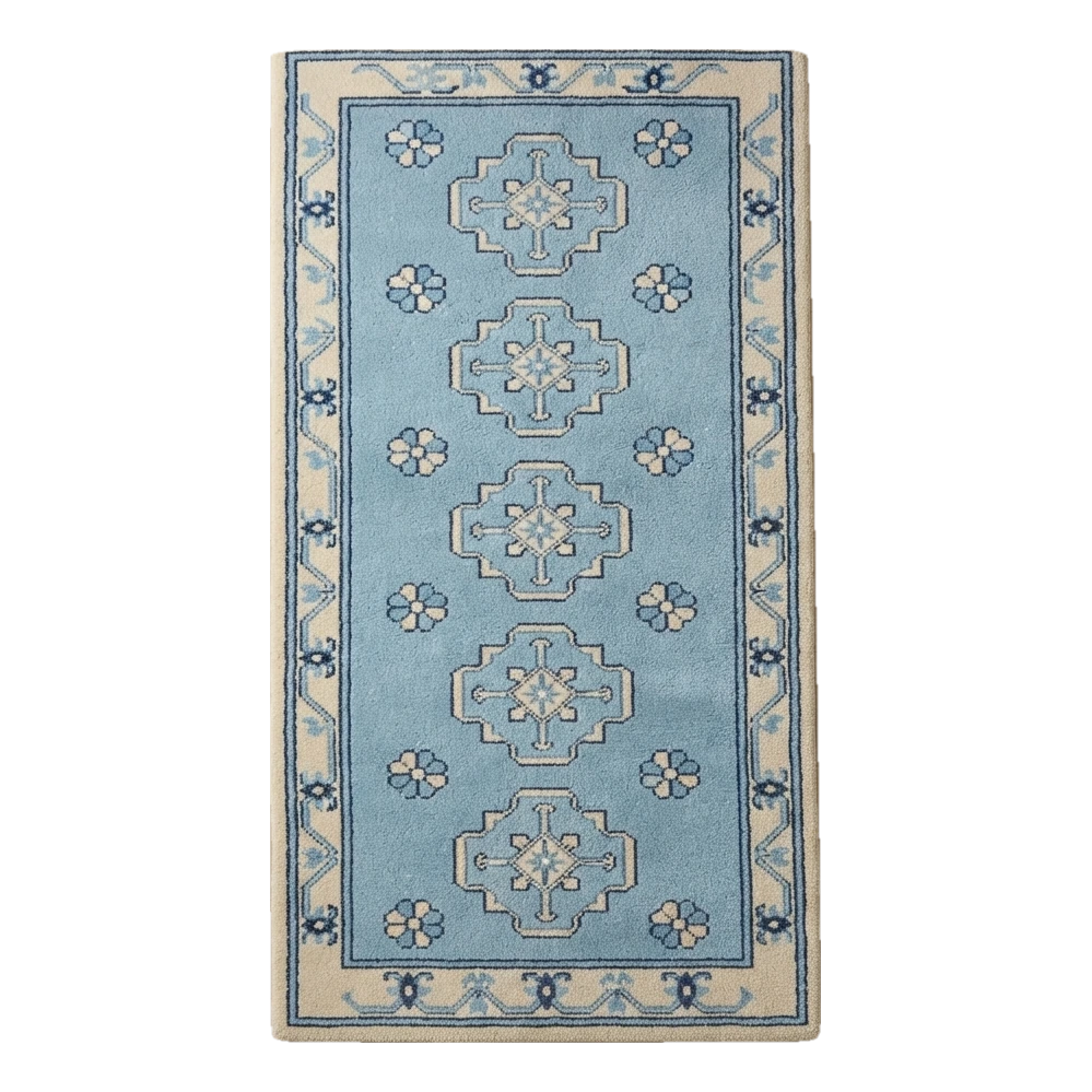 Powder Blue Chinese Medallion Hand-Tufted Runner with Cream Border