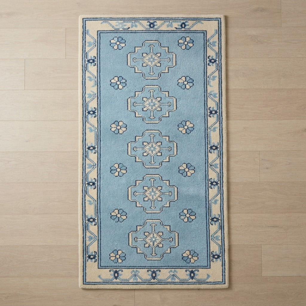 Powder Blue Chinese Medallion Hand-Tufted Runner with Cream Border - studio photo